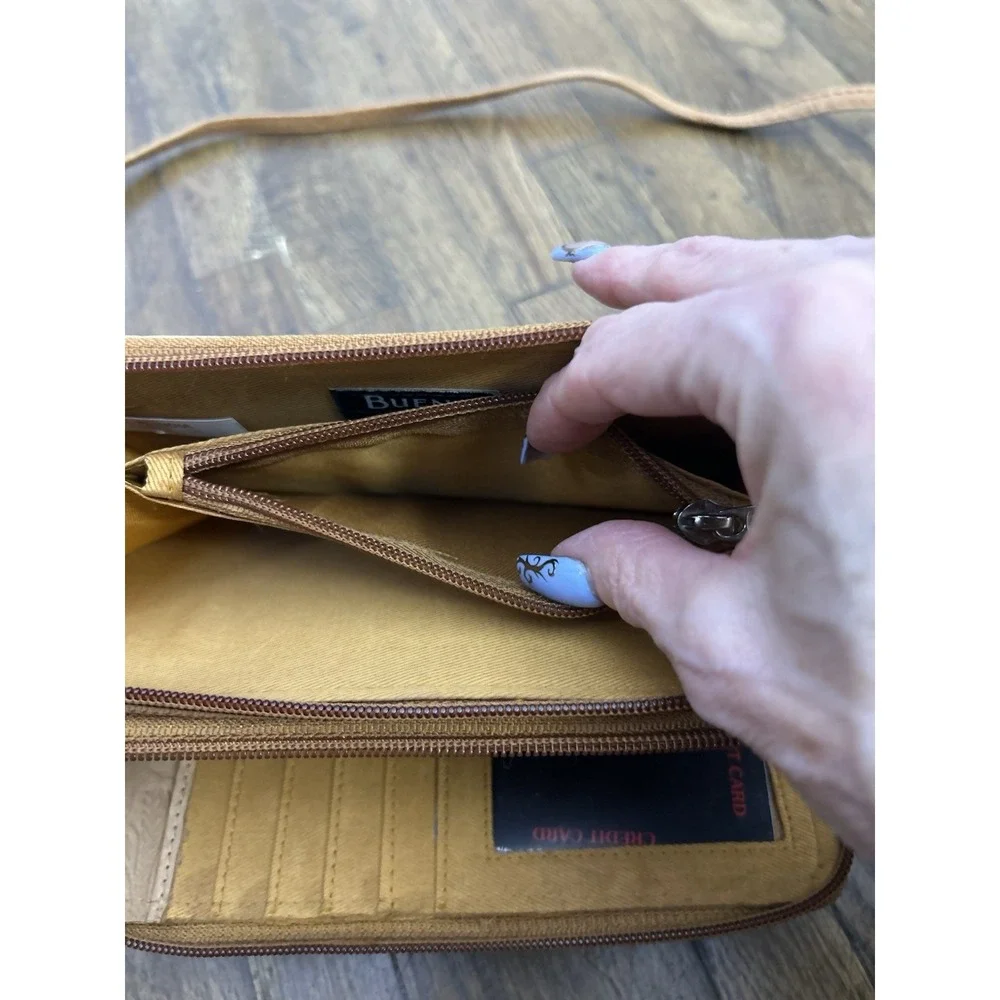 Bueno of California Embossed Floral Wallet on a String Crossbody Bag Tan